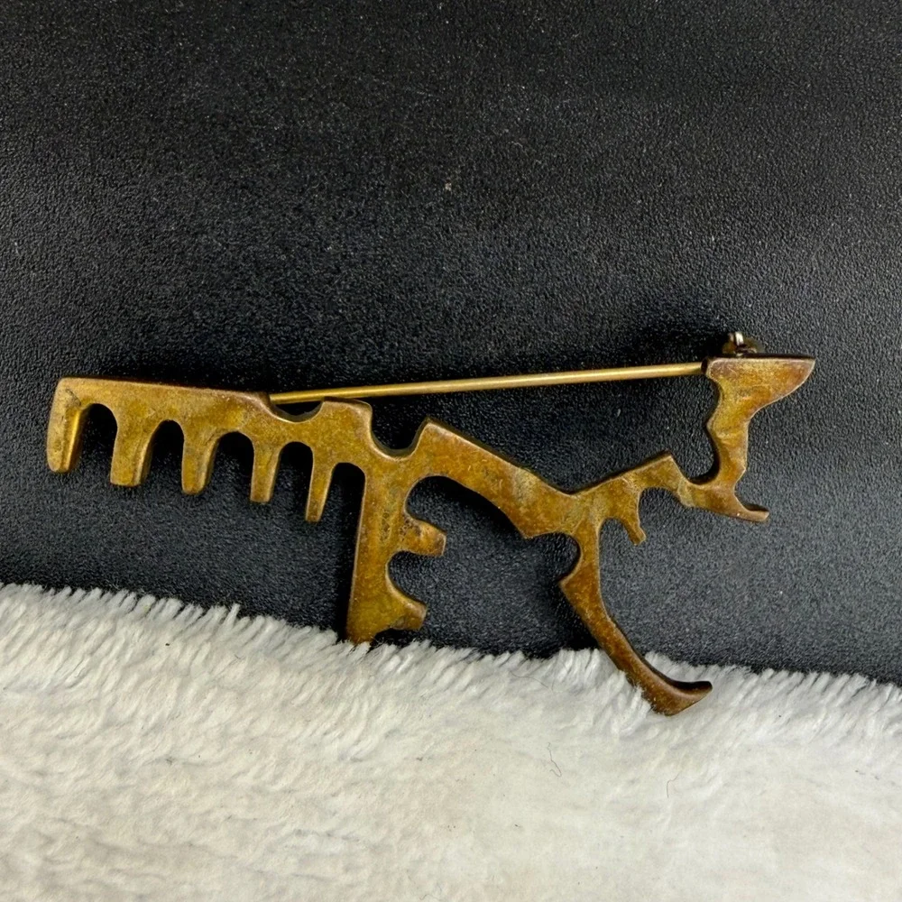 Vintage Brutalist Abstract Brooch Brass Tone Geometric Sculptural Pin READ